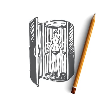 Salon, solarium, spa, woman, skin, tan concept. Hand drawn woman sunbathing in the solarium concept sketch. Isolated vector illustration.