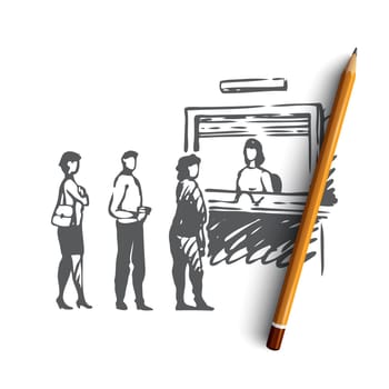 Cash, queue, people, service, line concept. Hand drawn people waiting in queue to cash concept sketch. Isolated vector illustration.
