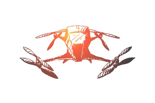 Drone, equipment, air, fly, technology concept. Hand drawn flying drone. Innovation technology concept sketch. Isolated vector illustration.