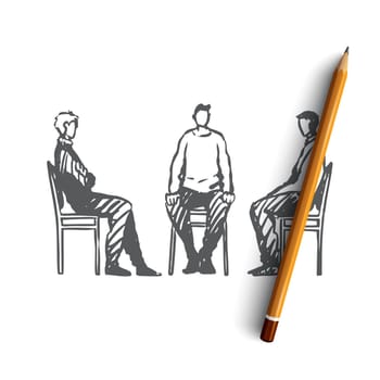People, psychologist, problem, therapy concept. Hand drawn people at session with psychologist concept sketch. Isolated vector illustration.