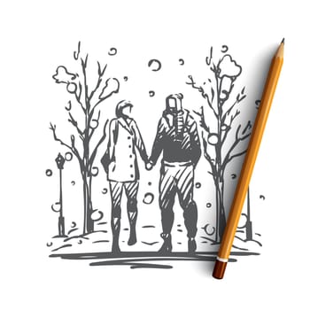 Winter, park, couple, walking, love concept. Hand drawn happy couple in love walking in winter park concept sketch. Isolated vector illustration.