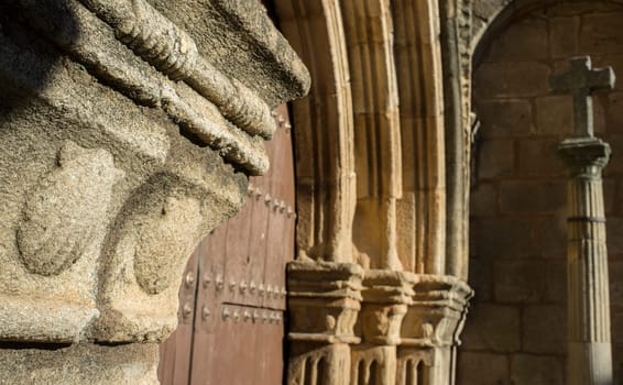 Church of Santiago. Carved shells outdoors, symbol of Saint James. Caceres, Extremadura, Spain