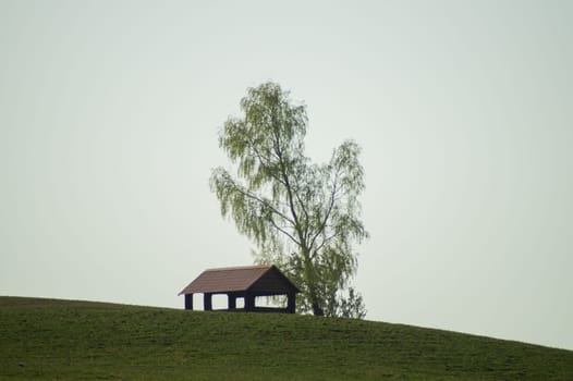 Lonely gazebo on the hill. summerhouse under tree standing alone in the field. solitude concept. shelter in the meadow