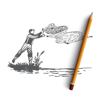 Man, fishing, net, river, nature concept. Hand drawn fisherman throws nets concept sketch. Isolated vector illustration.