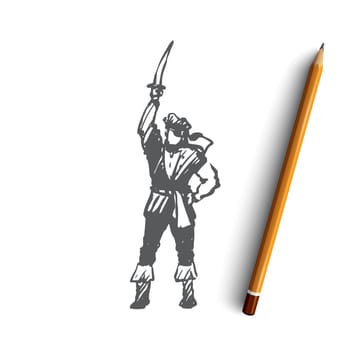 Man, pirate, costume, captain concept. Hand drawn man in costume of pirate concept sketch. Isolated vector illustration.