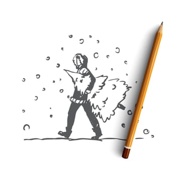 Christmas, tree, man, celebration, holiday concept. Hand drawn man carries a Christmas tree concept sketch. Isolated vector illustration.