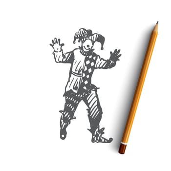 Jester, costume, funny, carnival concept. Hand drawn man in costume of jester concept sketch. Isolated vector illustration.