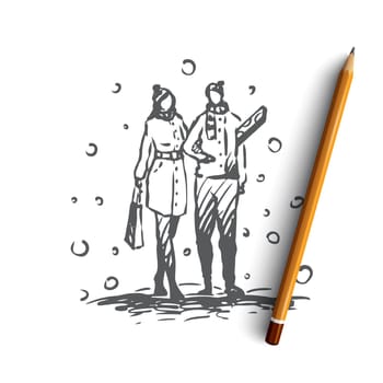 Couple, snow, gifts, holiday, Christmas concept. Hand drawn man and woman walking with gifts concept sketch. Isolated vector illustration.
