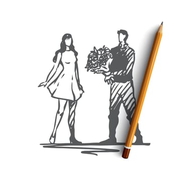 Romantic, couple, love, date, together concept. Hand drawn man presents flowers for woman concept sketch. Isolated vector illustration.