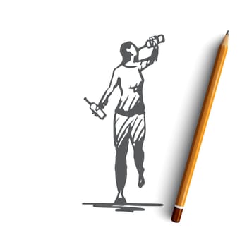 Alcohol, woman, addiction, drunkness, alcoholism concept. Hand drawn drunk woman with bottle of wine concept sketch. Isolated vector illustration.