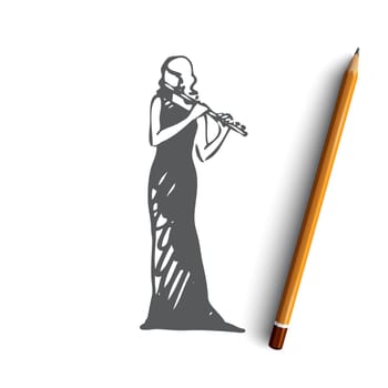 Flute, classic, music, woman, artist concept. Hand drawn woman playing on flute concept sketch. Isolated vector illustration.