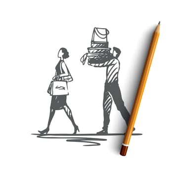 Couple, shopping, bag, sale, store concept. Hand drawn man and woman on shopping with bags concept sketch. Isolated vector illustration.