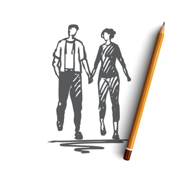 Walking, couple, love, date, romance concept. Hand drawn man and woman walking outdoor concept sketch. Isolated vector illustration.