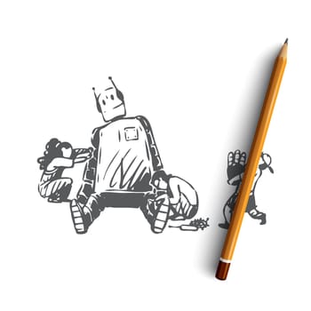 Robot, kids, play, education, machine concept. Hand drawn kids playing with robot concept sketch. Isolated vector illustration.