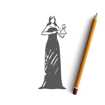 Triangle, classic, music, woman, play concept. Hand drawn woman playing on triangle concept sketch. Isolated vector illustration.