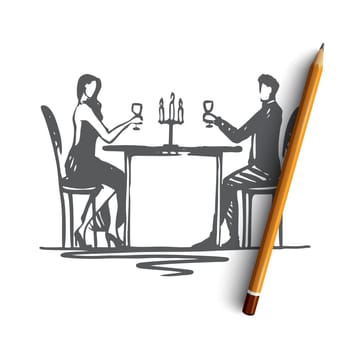 Restaurant, couple, love, date, romantic concept. Hand drawn man and woman on a date in restaurant concept sketch. Isolated vector illustration.