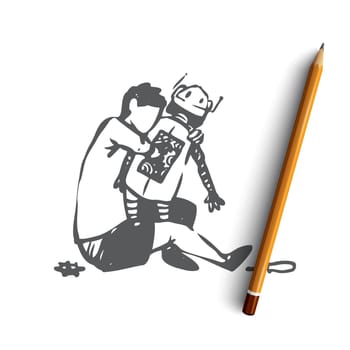 Robot, boy, play, mechanical, innovation concept. Hand drawn child playing with robot concept sketch. Isolated vector illustration.