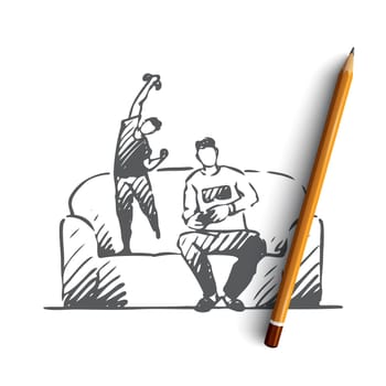 Father, play, son, computer, game concept. Hand drawn dad and son playing in computer game at home concept sketch. Isolated vector illustration.