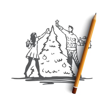 Christmas, tree, decorating, holiday, gift concept. Hand drawn man and woman decorating Christmas tree concept sketch. Isolated vector illustration.