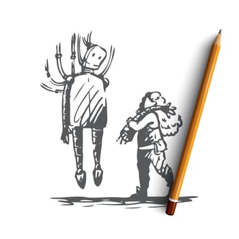 Robot, boy, repair, machine, modern concept. Hand drawn boy fixing robot concept sketch. Isolated vector illustration.