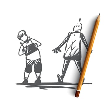 Robot, child, play, remote, control concept. Hand drawn boy controls the robot concept sketch. Isolated vector illustration.