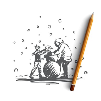Kids, snowman, winter, cold, december concept. Hand drawn children make snowman concept sketch. Isolated vector illustration.