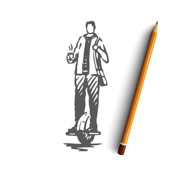 Segway, man, coffee, ride, speed, urban concept. Hand drawn man is riding segway with cup of coffee concept sketch. Isolated vector illustration.