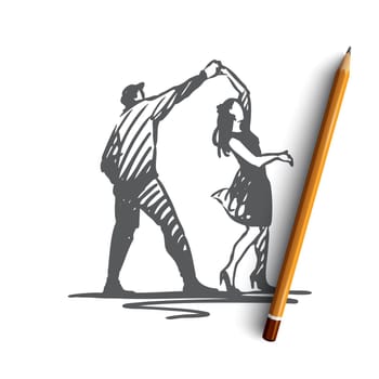 Couple, dancing, partner, music, party concept. Hand drawn couple dancing on a disco concept sketch. Isolated vector illustration.