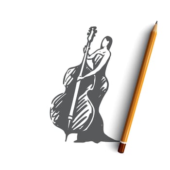 Cello, classic, music, woman, concert concept. Hand drawn woman in long dress playing on cello concept sketch. Isolated vector illustration.