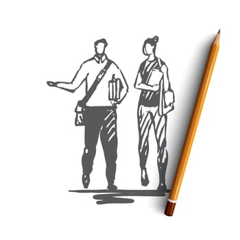 People, students, walk, bag, university concept. Hand drawn students go to university concept sketch. Isolated vector illustration.