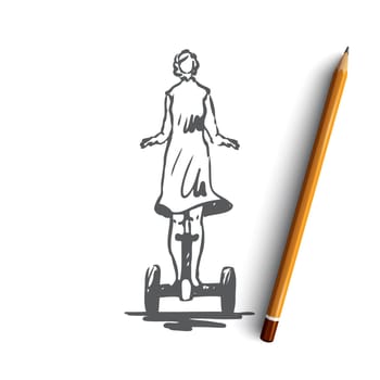 Segway, woman, dress, eco, transport, vehicle concept. Hand drawn woman in dress riding a segway concept sketch. Isolated vector illustration.