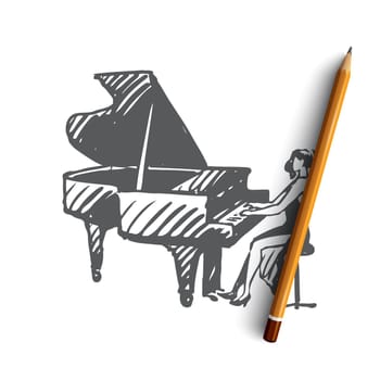 Piano, classic, musician, woman, performance concept. Hand drawn woman performing with cello on scene concept sketch. Isolated vector illustration.