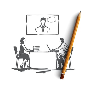 Online, meeting, office, conference, business concept. Hand drawn business conference online concept sketch. Isolated vector illustration.