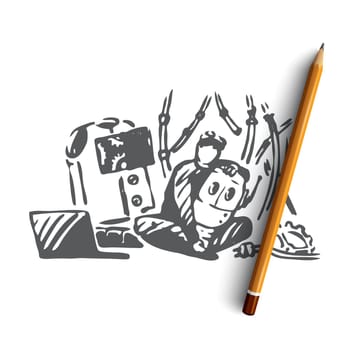 Robot, child, repair, science, play concept. Hand drawn boy with spare parts of robot concept sketch. Isolated vector illustration.