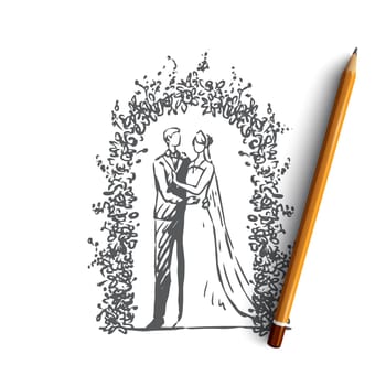 Couple, marriage, wedding, groom, bride concept. Hand drawn happy couple in a marriage day concept sketch. Isolated vector illustration.