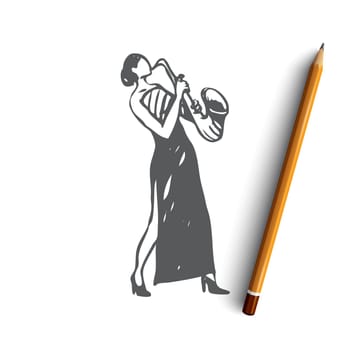 Saxophone, classic, music, woman, concert concept. Hand drawn woman in long dress playing on saxophone concept sketch. Isolated vector illustration.