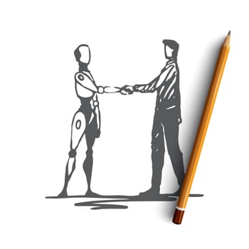 Human, robot, future, machine, technology concept. Hand drawn robot and human shaking hands concept sketch. Isolated vector illustration.