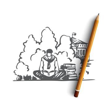 Student, man, book, reading, park concept. Hand drawn male student reading book, sitting in park concept sketch. Isolated vector illustration.