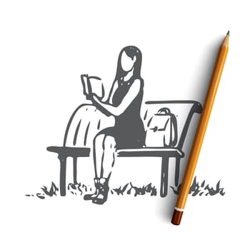 Student, girl, book, reading, bench concept. Hand drawn female student reading book, sitting on bench concept sketch. Isolated vector illustration.