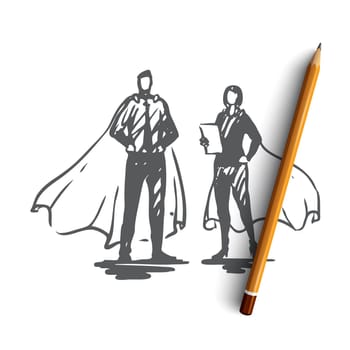Hero, network, social, male, woman concept. Hand drawn man and woman in superhero dress concept sketch. Isolated vector illustration.