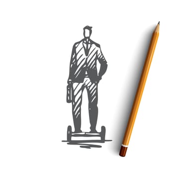 Segway, businessman, electric, transport, wheel concept. Hand drawn businessman drives on segway concept sketch. Isolated vector illustration.