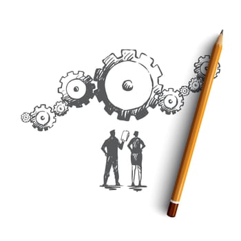 Data, gear, analytics, business, technology concept. Hand drawn business analytics, gear as symbol of process concept sketch. Isolated vector illustration.