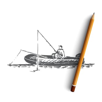Man, fishing, boat, lake, activity concept. Hand drawn fisherman on a boat concept sketch. Isolated vector illustration.