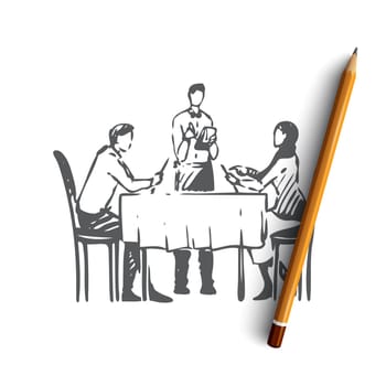 Couple, restaurant, table, waiter concept. Hand drawn romantic date in restaurant concept sketch. Isolated vector illustration.