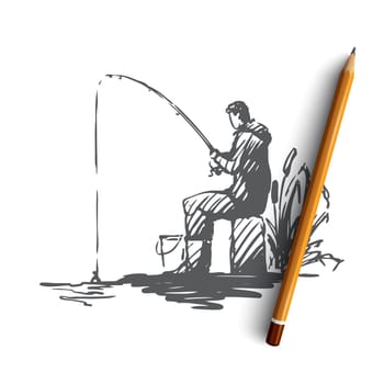 Man, fishing, hobby, leisure, rod concept. Hand drawn fisherman with fishing rod concept sketch. Isolated vector illustration.