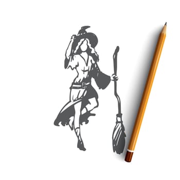 Woman, witch, costume, festive, dress concept. Hand drawn woman in costume of witch concept sketch. Isolated vector illustration.