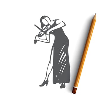 Violin, classic, music, woman, concert concept. Hand drawn woman playing on violin concept sketch. Isolated vector illustration.