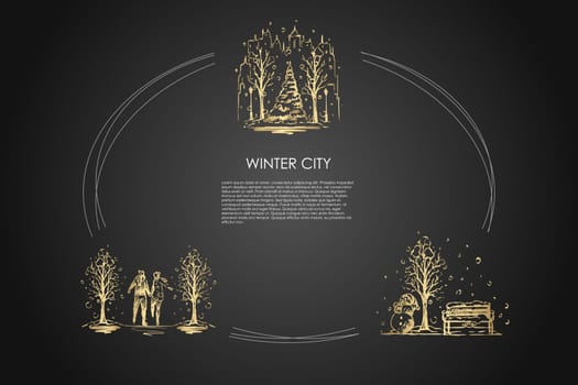 Winter city - urban landscapes under snowfall and people walking in winter park vector concept set. Hand drawn sketch isolated illustration