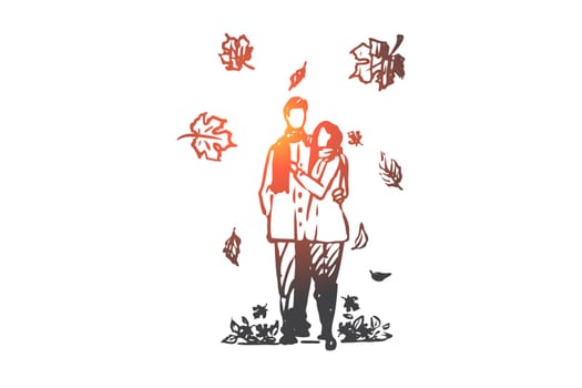Autumn, couple, love, fall, romantic concept. Hand drawn couple in love walking under leaf fall concept sketch. Isolated vector illustration.