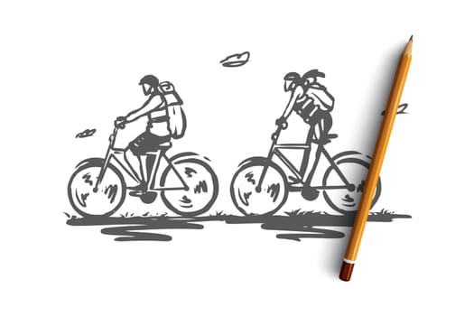 Cycle tourism, bicycle, ride, tourists, active concept. Hand drawn tourists on bicycles concept sketch. Isolated vector illustration.